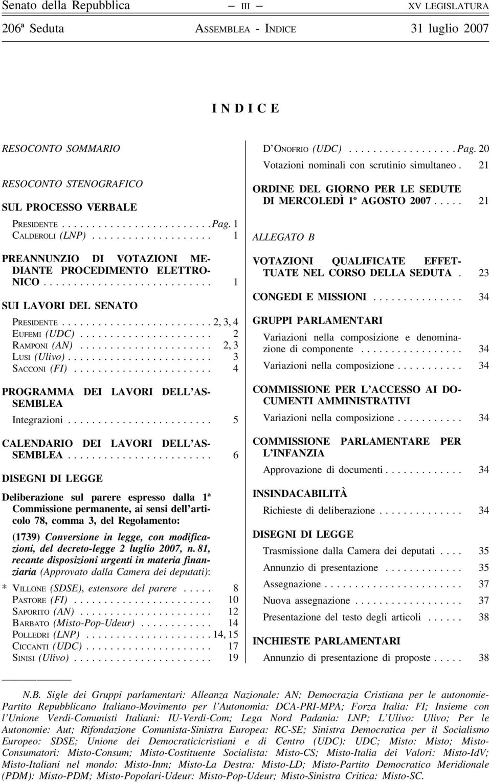 .. 4 PROGRAMMA DEI LAVORI DELL AS- SEMBLEA Integrazioni...... 5 CALENDARIO DEI LAVORI DELL AS- SEMBLEA.