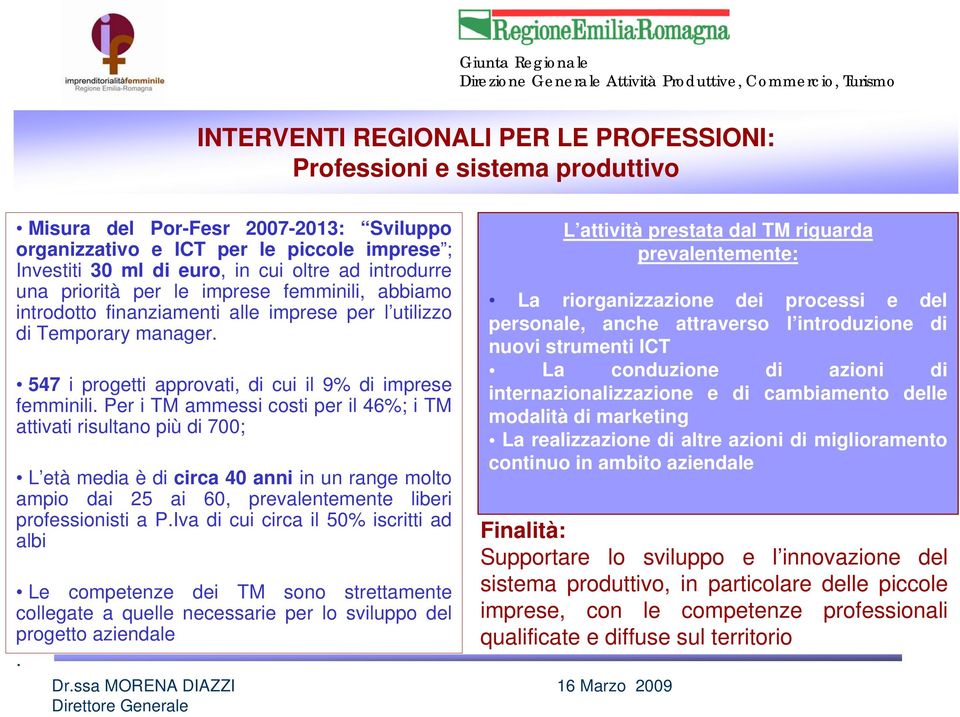 Per i TM ammessi costi per il 46%; i TM attivati risultano più di 700; L età media è di circa 40 anni in un range molto ampio dai 25 ai 60, prevalentemente liberi professionisti a P.