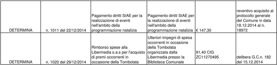 amento diritti SIAE per la realizzazione di eventi nell'ambito della programmazione natalizia Rimborso spese alla Libermedia s.a.s per l'acquisto di premi