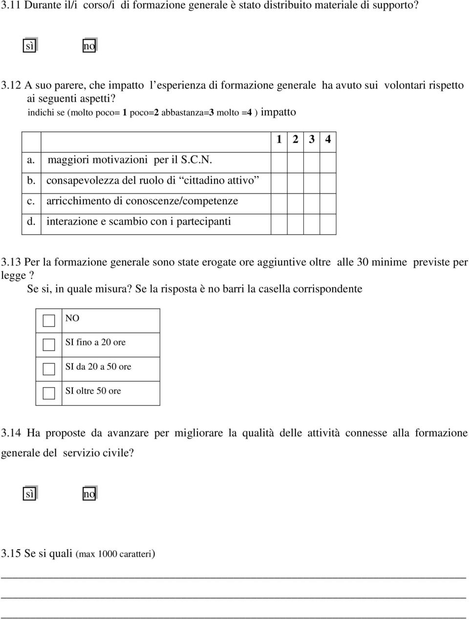 maggiori motivazioni per il S.C.N. b. consapevolezza del ruolo di cittadino attivo c. arricchimento di conoscenze/competenze d. interazione e scambio con i partecipanti 1 2 3 4 3.