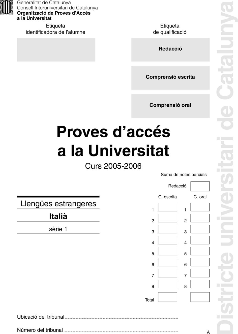 Redacció Proves d accés a la Universitat Curs 2005-2006 Comprensió escrita Comprensió oral C.