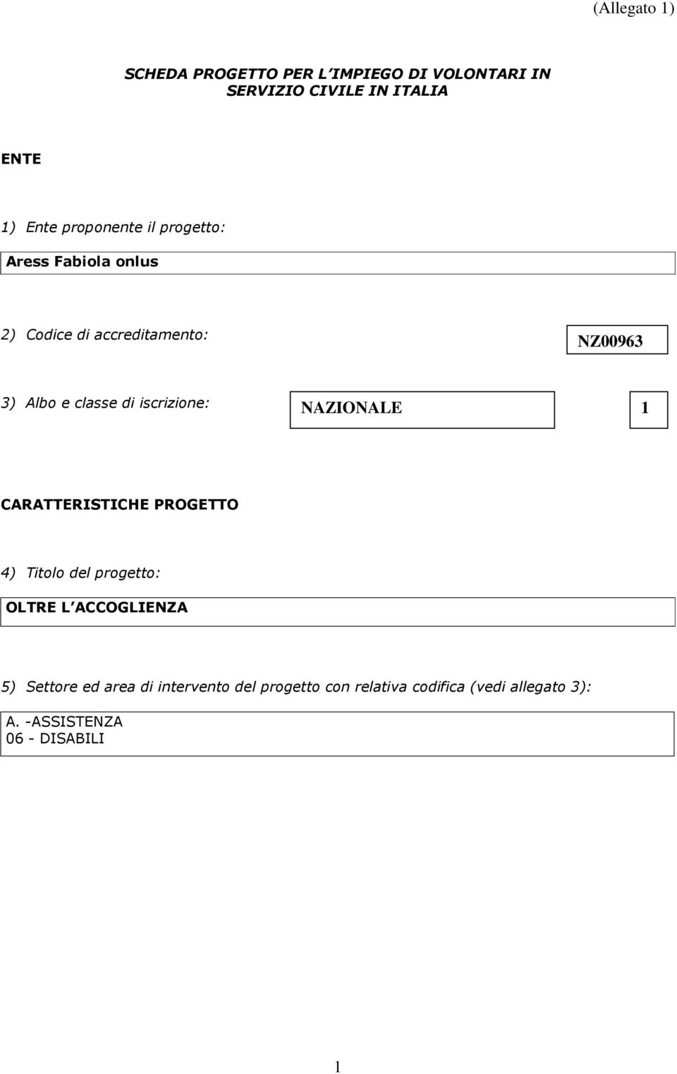 iscrizione: NAZIONALE 1 CARATTERISTICHE PROGETTO 4) Titolo del progetto: OLTRE L ACCOGLIENZA 5)