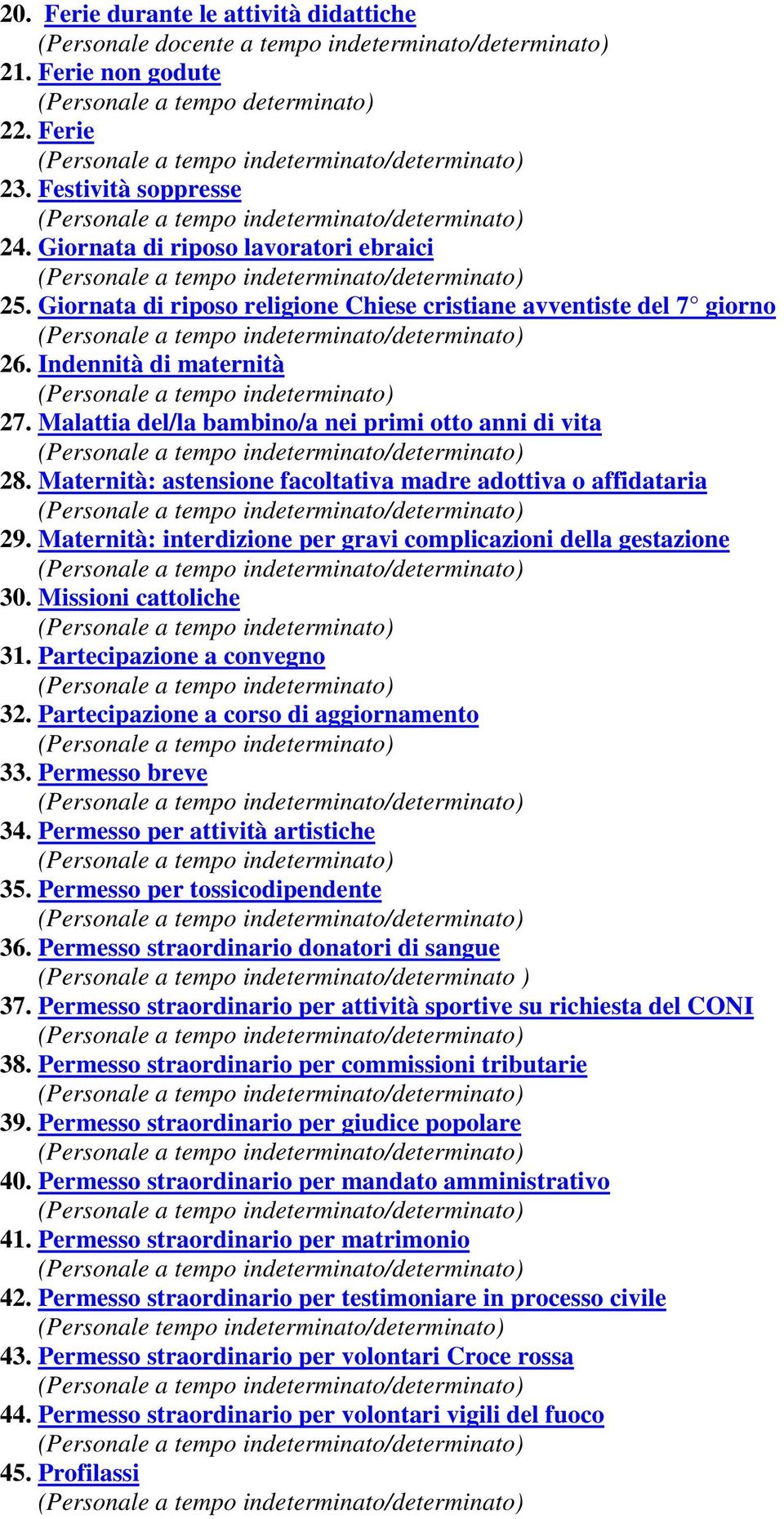 Malattia del/la bambino/a nei primi otto anni di vita 28. Maternità: astensione facoltativa madre adottiva o affidataria 29. Maternità: interdizione per gravi complicazioni della gestazione 30.