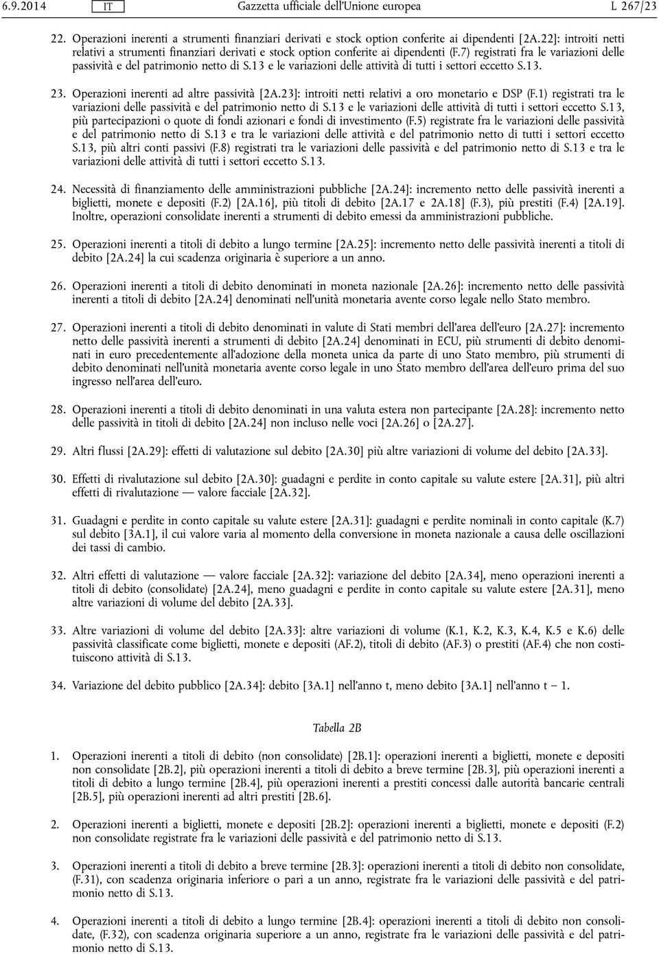 13 e le variazioni delle attività di tutti i settori eccetto S.13. 23. Operazioni inerenti ad altre passività [2A.23]: introiti netti relativi a oro monetario e DSP (F.