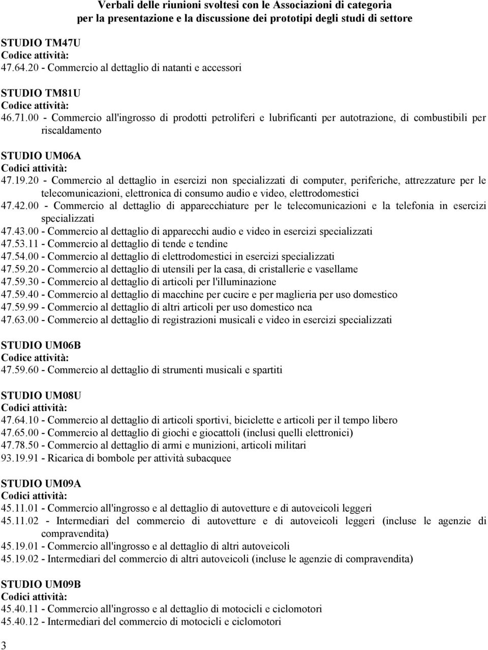 00 - Commercio all'ingrosso di prodotti petroliferi e lubrificanti per autotrazione, di combustibili per riscaldamento STUDIO UM06A Codici attività: 47.19.