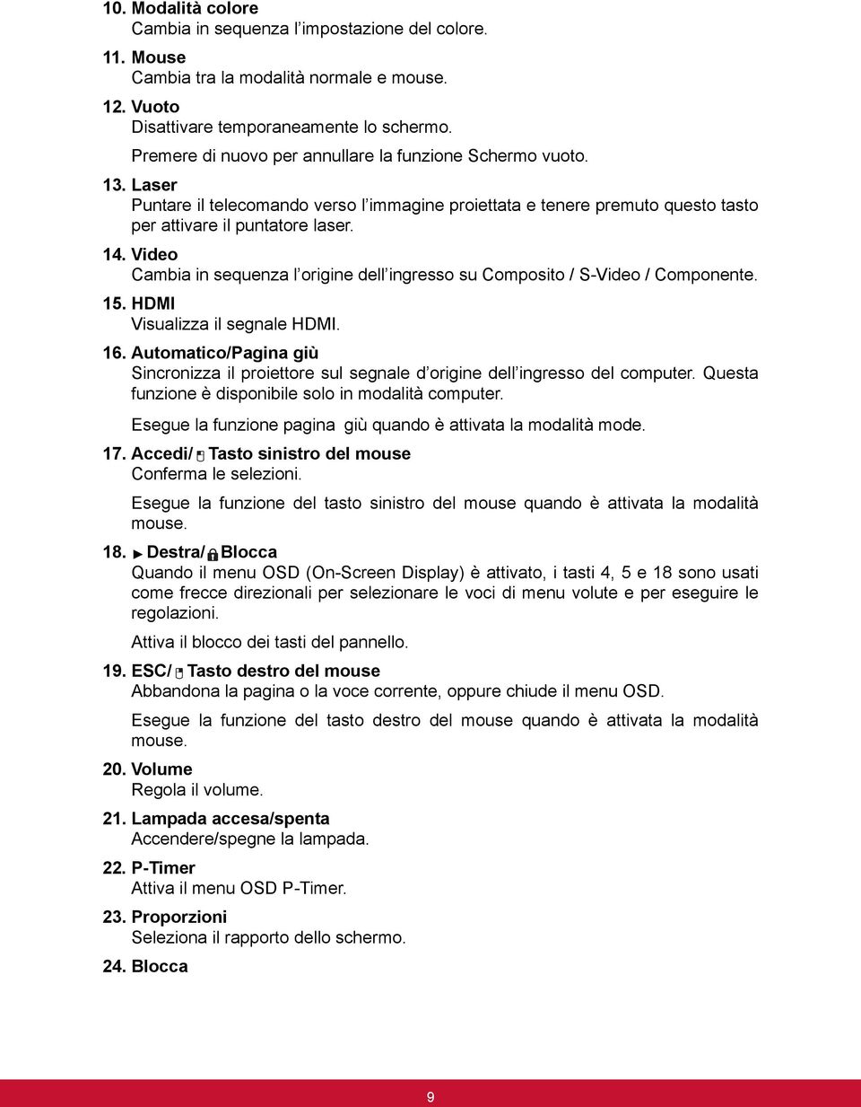 Video Cambia in sequenza l origine dell ingresso su Composito / S-Video / Componente. 15. HDMI Visualizza il segnale HDMI. 16.