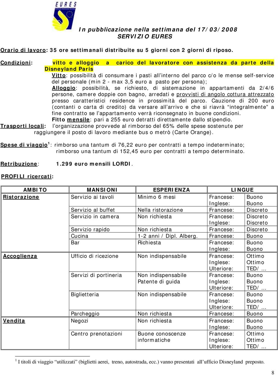 personale (min 2 - max 3,5 euro a pasto per persona); Alloggio: possibilità, se richiesto, di sistemazione in appartamenti da 2/4/6 persone, camere doppie con bagno, arredati e provvisti di angolo