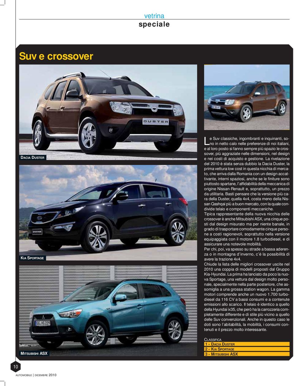 La rivelazione del 2010 è stata senza dubbio la Dacia Duster, la prima vettura low cost in questa nicchia di mercato, che arriva dalla Romania con un design accattivante, interni spaziosi, anche se