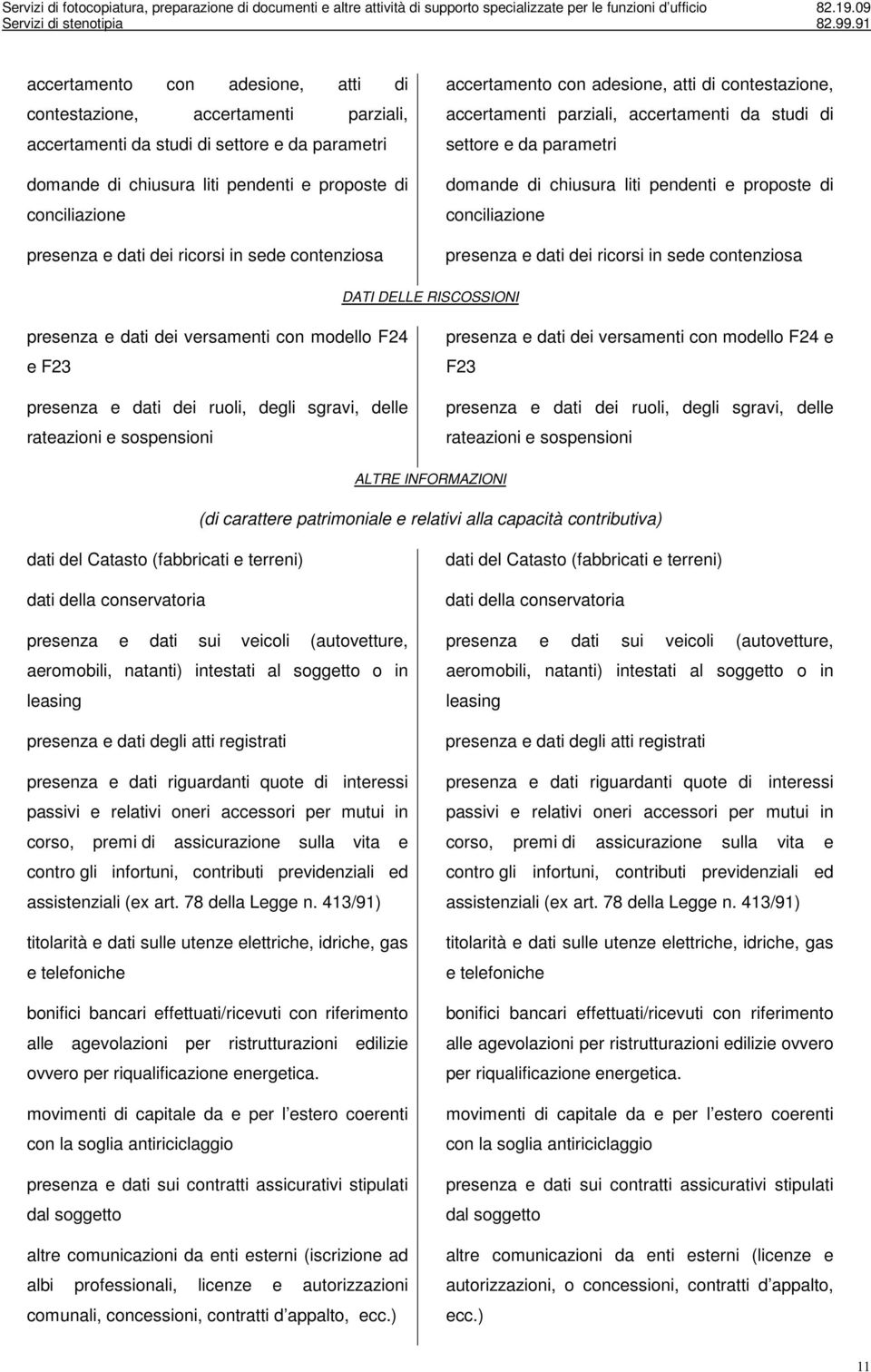 e sospensioni presenza e dati dei versamenti con modello F24 e F23 presenza e dati dei ruoli, degli sgravi, delle rateazioni e sospensioni ALTRE INFORMAZIONI (di carattere patrimoniale e relativi