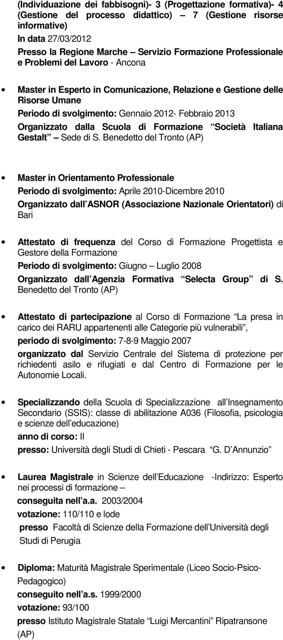 di Formazione Società Italiana Gestalt Sede di S.