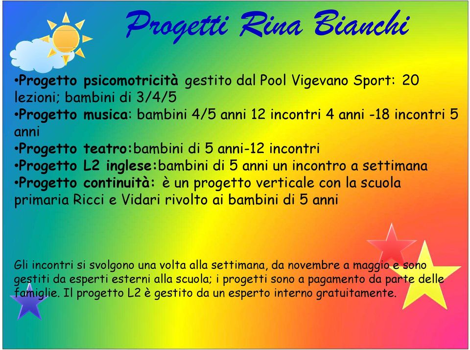 progetto verticale con la scuola primaria Ricci e Vidari rivolto ai bambini di 5 anni Gli incontri si svolgono una volta alla settimana, da novembre a maggio