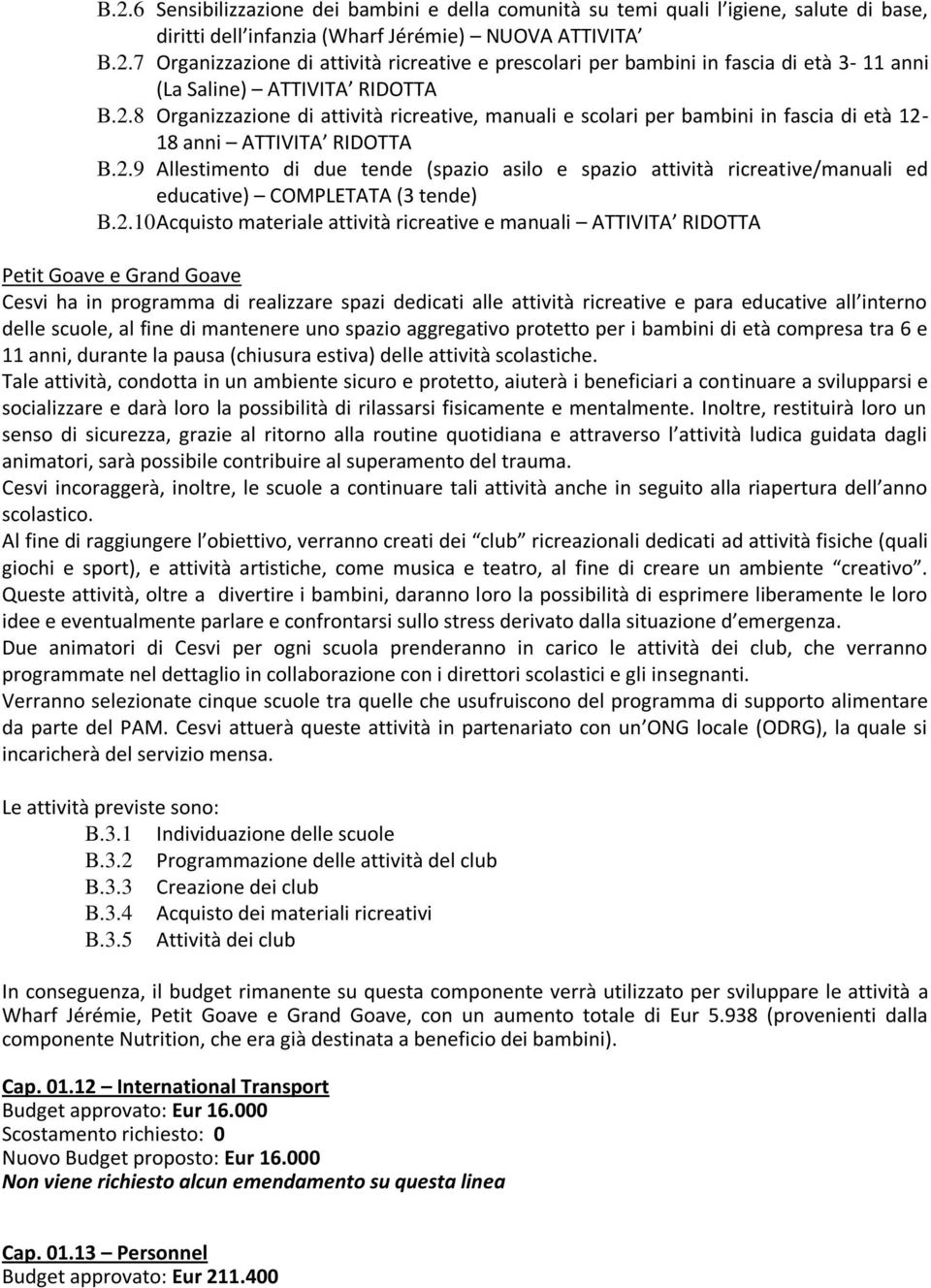 2.10 Acquisto materiale attività ricreative e manuali ATTIVITA RIDOTTA Petit Goave e Grand Goave Cesvi ha in programma di realizzare spazi dedicati alle attività ricreative e para educative all