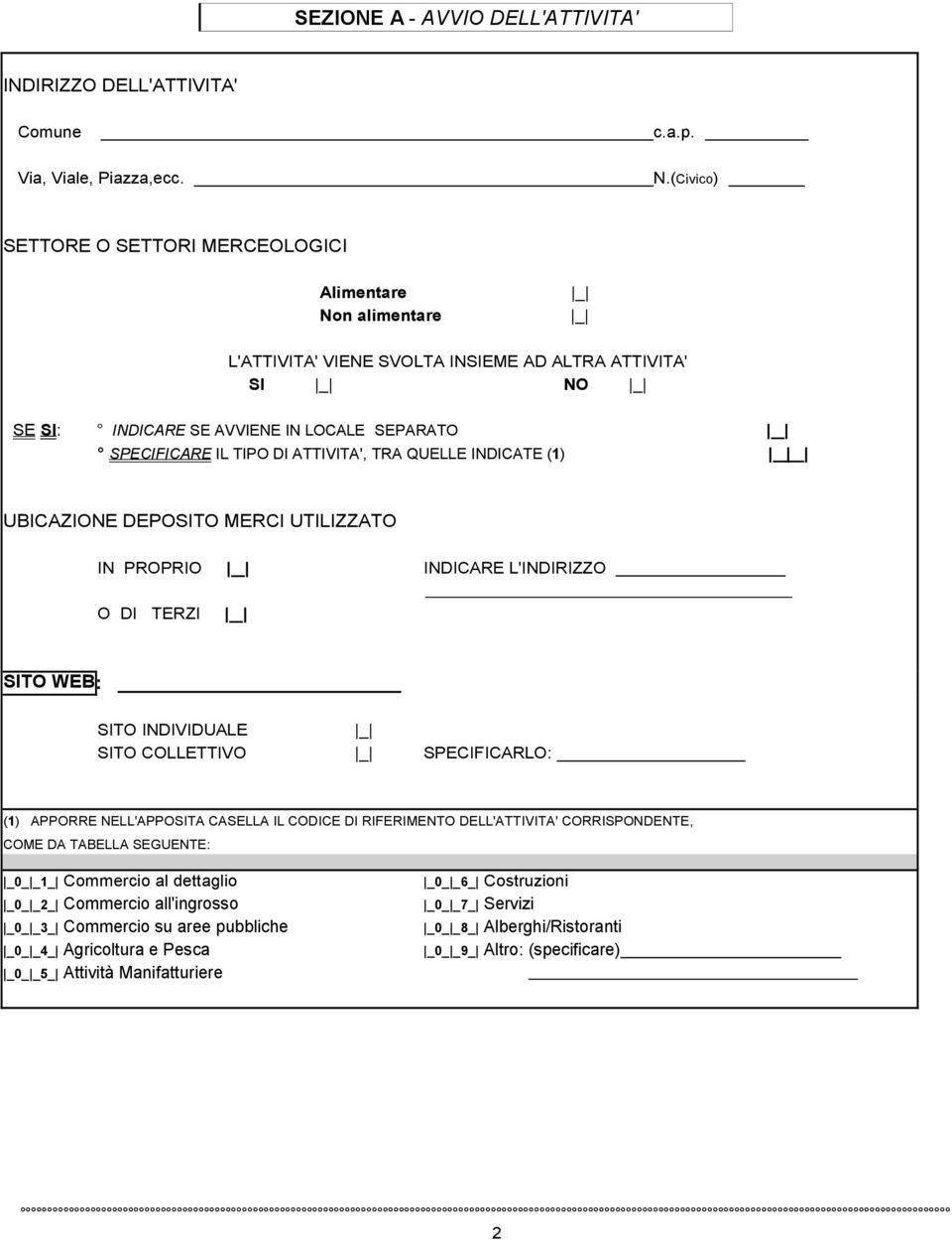 INDICATE (1) UBICAZIONE DEPOSITO MERCI UTILIZZATO IN PROPRIO INDICARE L'INDIRIZZO O DI TERZI SITO WEB : SITO INDIVIDUALE SITO COLLETTIVO SPECIFICARLO: (1) APPORRE NELL'APPOSITA CASELLA IL CODICE DI