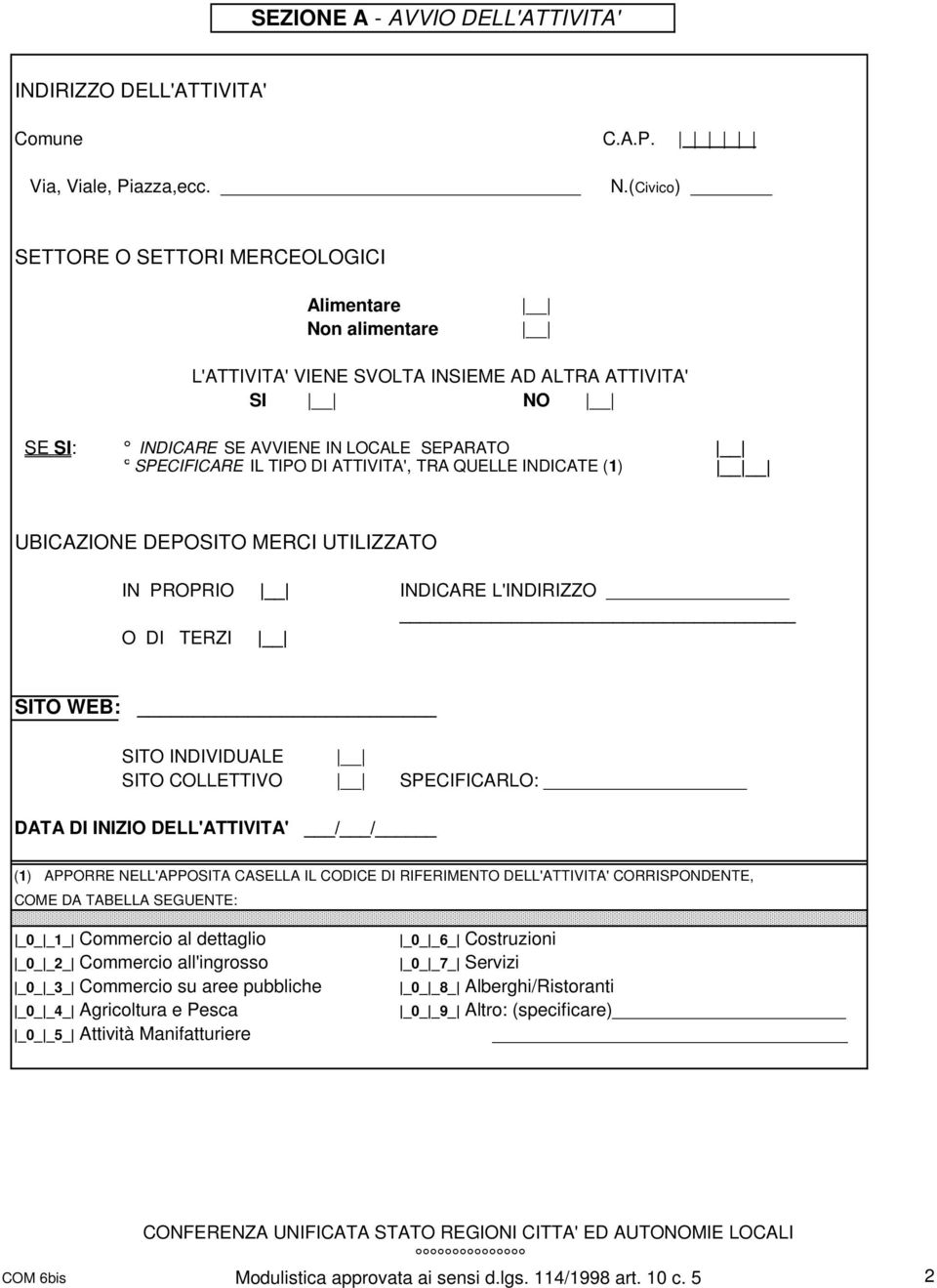 ATTIVITA', TRA QUELLE INDICATE (1) UBICAZIONE DEPOSITO MERCI UTILIZZATO IN PROPRIO INDICARE L'INDIRIZZO O DI TERZI SITO WEB: SITO INDIVIDUALE SITO COLLETTIVO SPECIFICARLO: DATA DI INIZIO