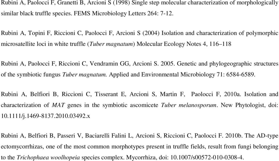 Rubini A, Paolocci F, Riccioni C, Vendramin GG, Arcioni S. 2005. Genetic and phylogeographic structures of the symbiotic fungus Tuber magnatum. Applied and Environmental Microbiology 71: 6584-6589.