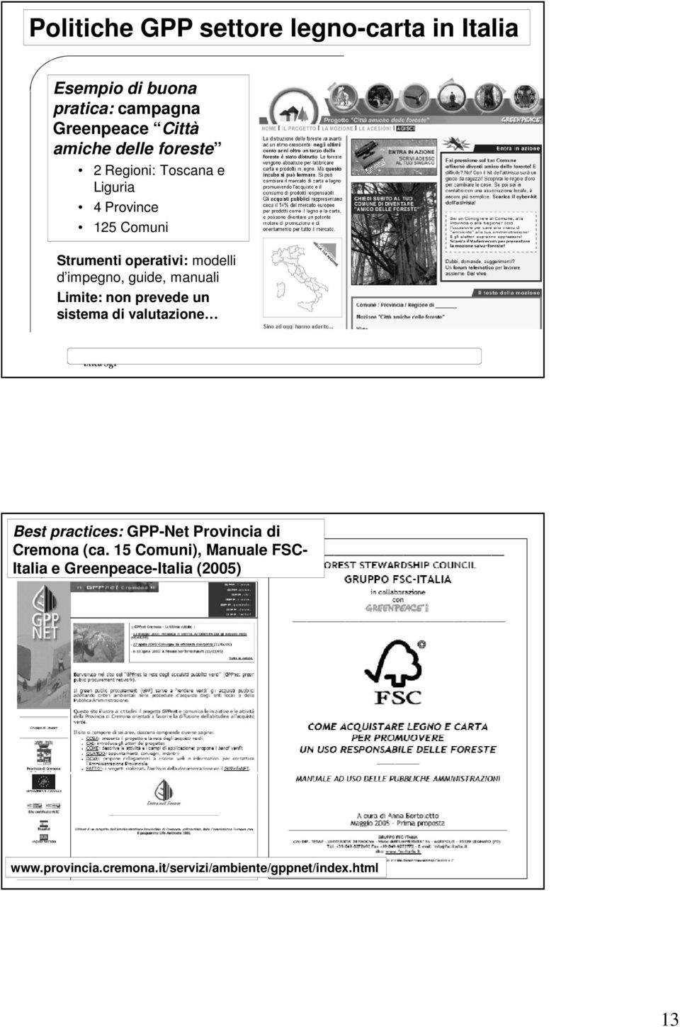 manuali Limite: non prevede un sistema di valutazione Best practices: GPP-Net Provincia di Cremona (ca.