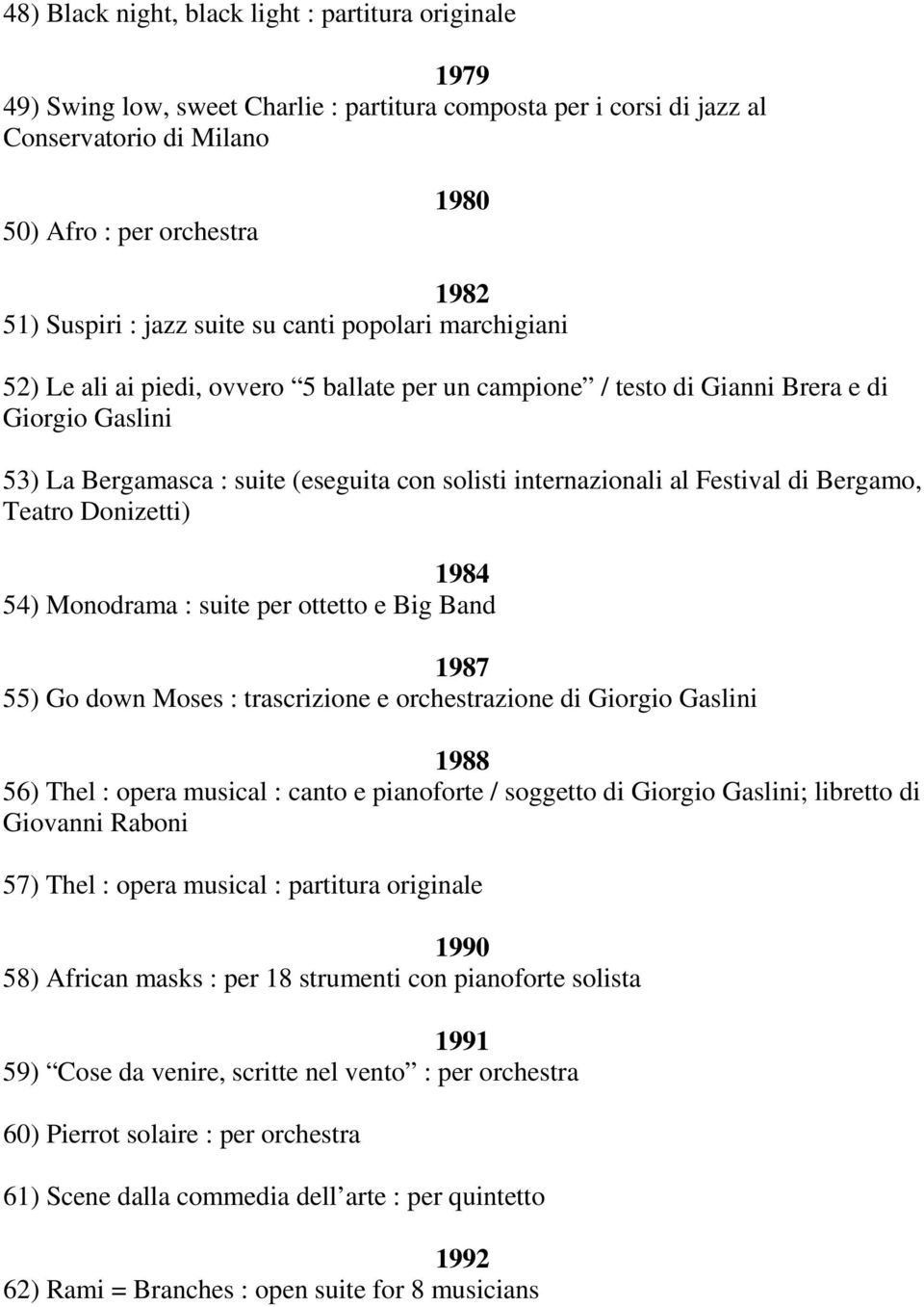 internazionali al Festival di Bergamo, Teatro Donizetti) 1984 54) Monodrama : suite per ottetto e Big Band 1987 55) Go down Moses : trascrizione e orchestrazione di Giorgio Gaslini 1988 56) Thel :