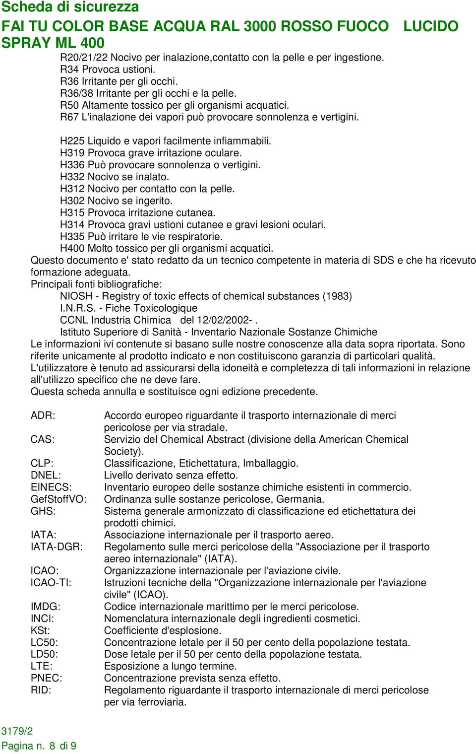 H319 Provoca grave irritazione oculare. H336 Può provocare sonnolenza o vertigini. H332 Nocivo se inalato. H312 Nocivo per contatto con la pelle. H302 Nocivo se ingerito.