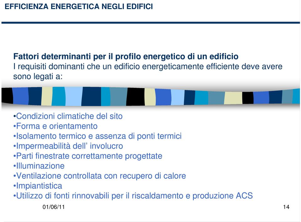 termico e assenza di ponti termici Impermeabilità dell involucro Parti finestrate correttamente progettate Illuminazione