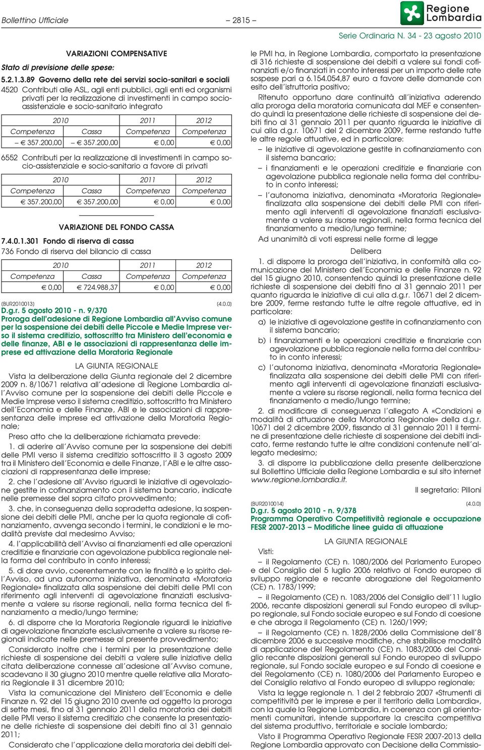 socioassistenziale e socio-sanitario integrato 2010 2011 2012 Competenza Cassa Competenza Competenza - C 357.200,00 - C 357.