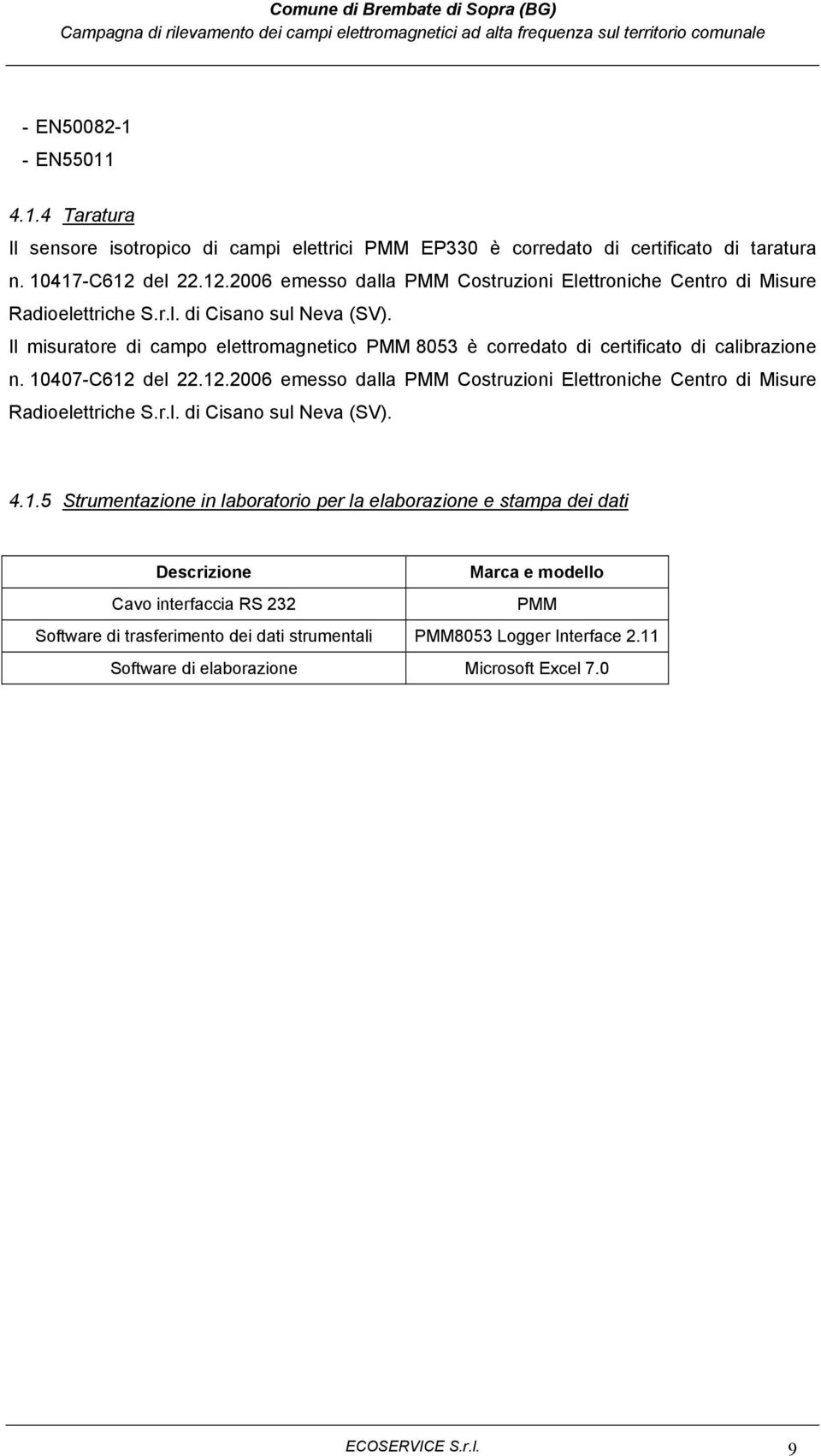 Il misuratore di campo elettromagnetico PMM 8053 è corredato di certificato di calibrazione n. 10