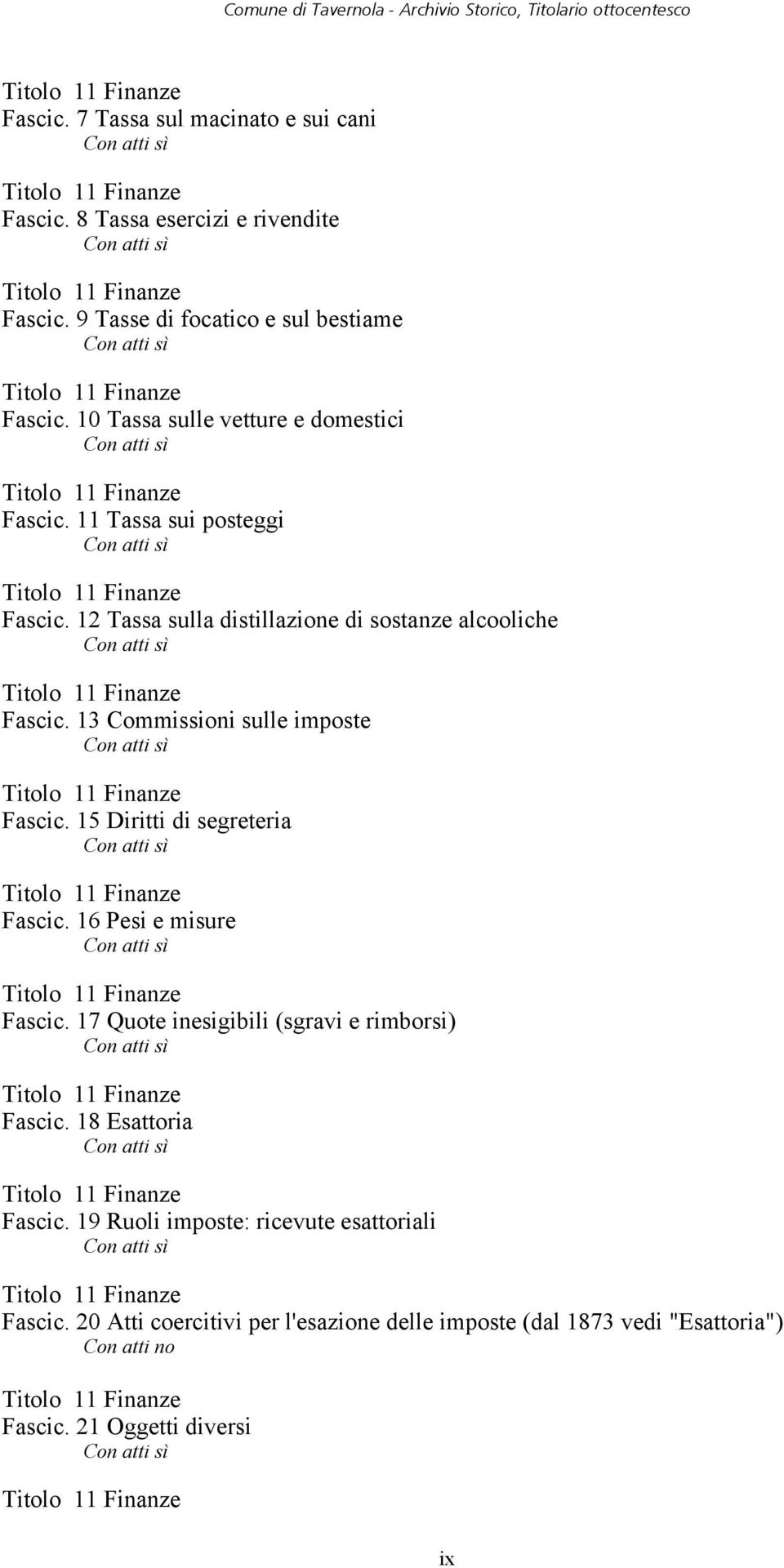 13 Commissioni sulle imposte Fascic. 15 Diritti di segreteria Fascic. 16 Pesi e misure Fascic. 17 Quote inesigibili (sgravi e rimborsi) Fascic.