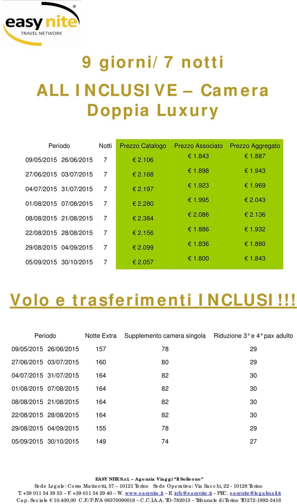 099 1.836 1.880 05/09/2015 30/10/2015 7 2.057 1.800 1.843 Volo e trasferimenti INCLUSI!