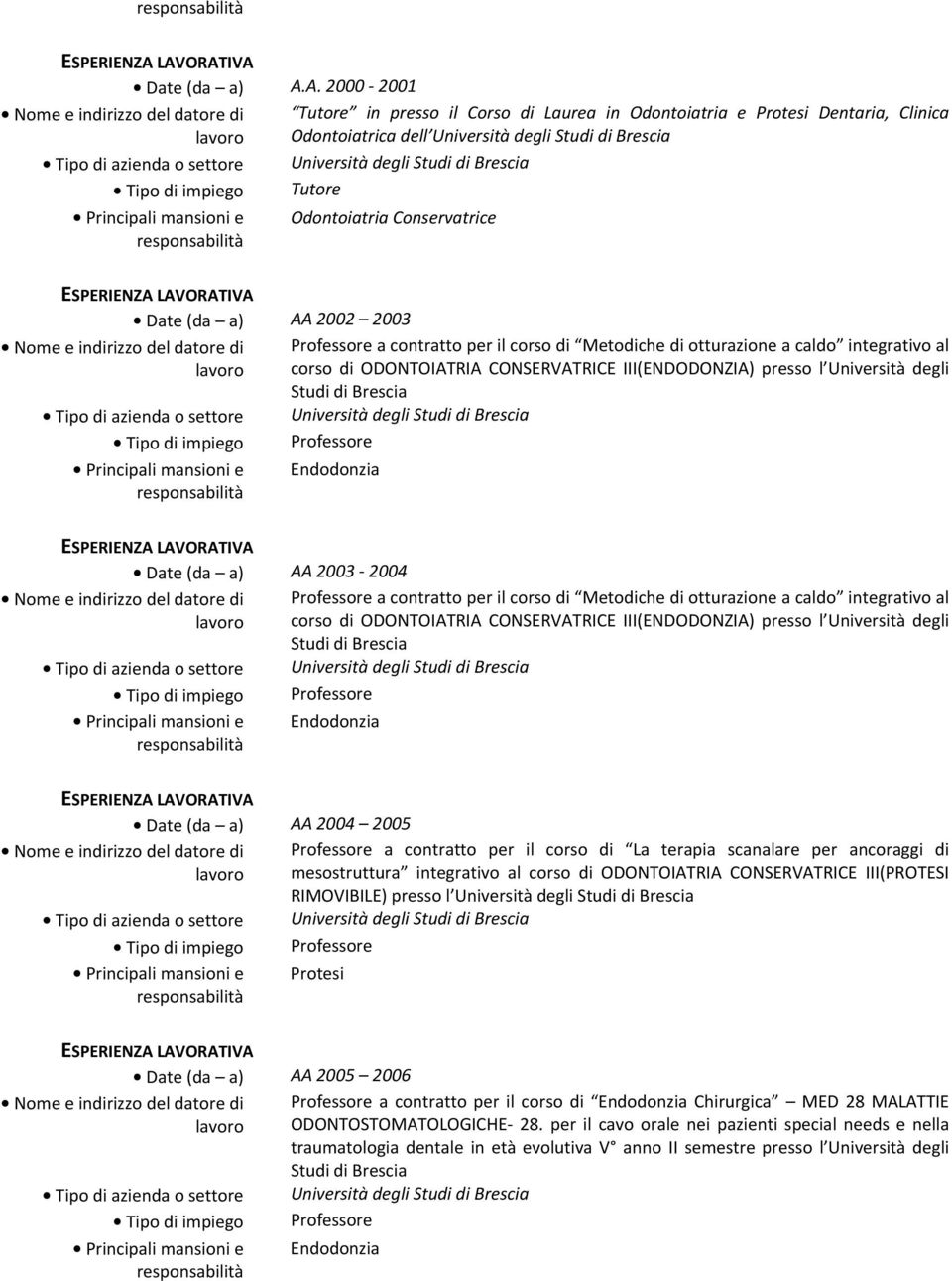 Conservatrice Date (da a) AA 2002 2003 Professore a contratto per il corso di Metodiche di otturazione a caldo integrativo al corso di ODONTOIATRIA CONSERVATRICE III(ENDODONZIA) presso l Università
