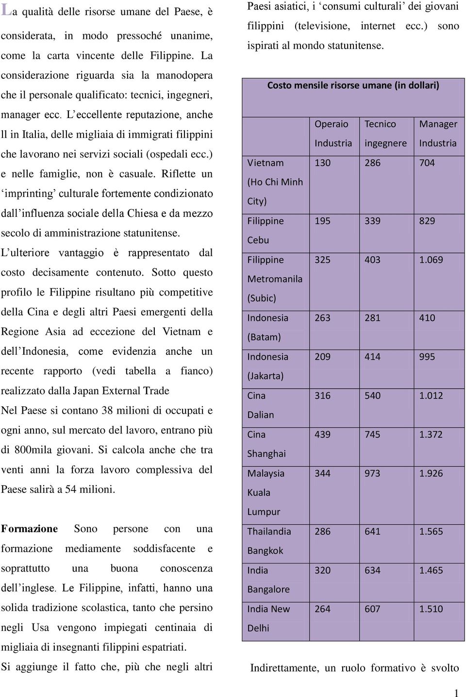 L eccellente reputazione, anche ll in Italia, delle migliaia di immigrati filippini che lavorano nei servizi sociali (ospedali ecc.) e nelle famiglie, non è casuale.