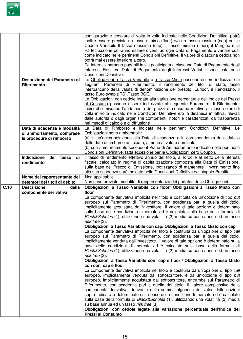 10 Descrizione della componente derivativa configurazione cedolare di volta in volta indicata nelle Condizioni Definitive, potrà inoltre essere previsto un tasso minimo (floor) e/o un tasso massimo