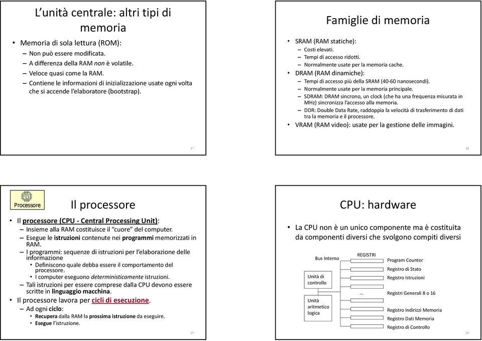 Normalmente usate per la memoria cache. DRAM (RAM dinamiche): Tempi di accesso più della SRAM (40-60 nanosecondi). Normalmente usate per la memoria.