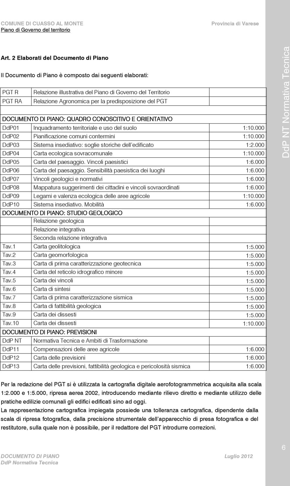 000 DdP03 Sistema insediativo: soglie storiche dell edificato 1:2.000 DdP04 Carta ecologica sovracomunale 1:10.000 DdP05 Carta del paesaggio. Vincoli paesistici 1:6.000 DdP06 Carta del paesaggio.