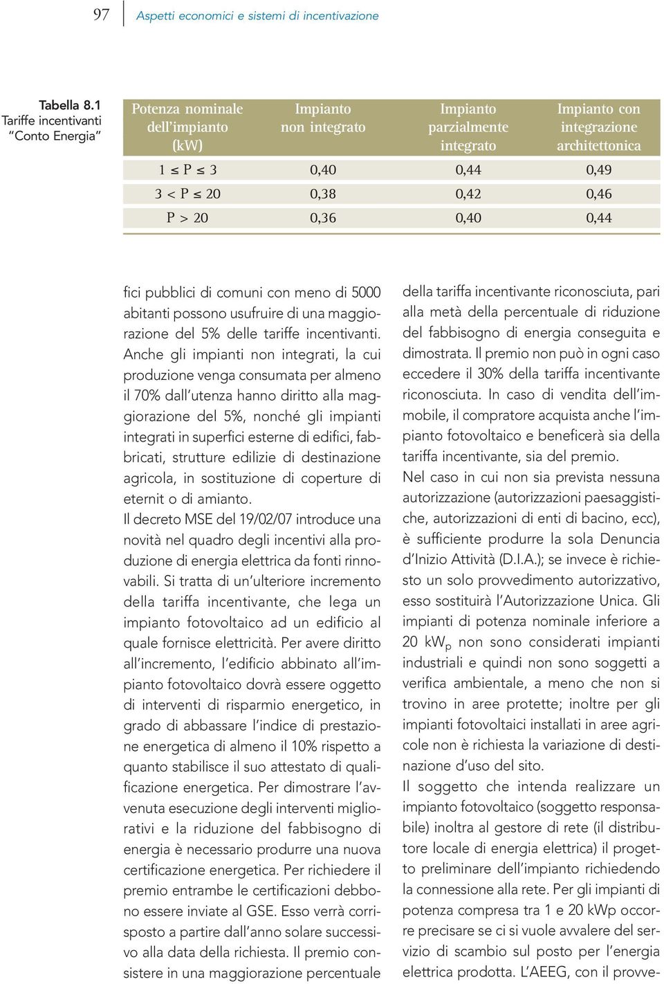 0,38 0,42 0,46 P > 20 0,36 0,40 0,44 della tariffa incentivante riconosciuta, pari alla metà della percentuale di riduzione del fabbisogno di energia conseguita e dimostrata.