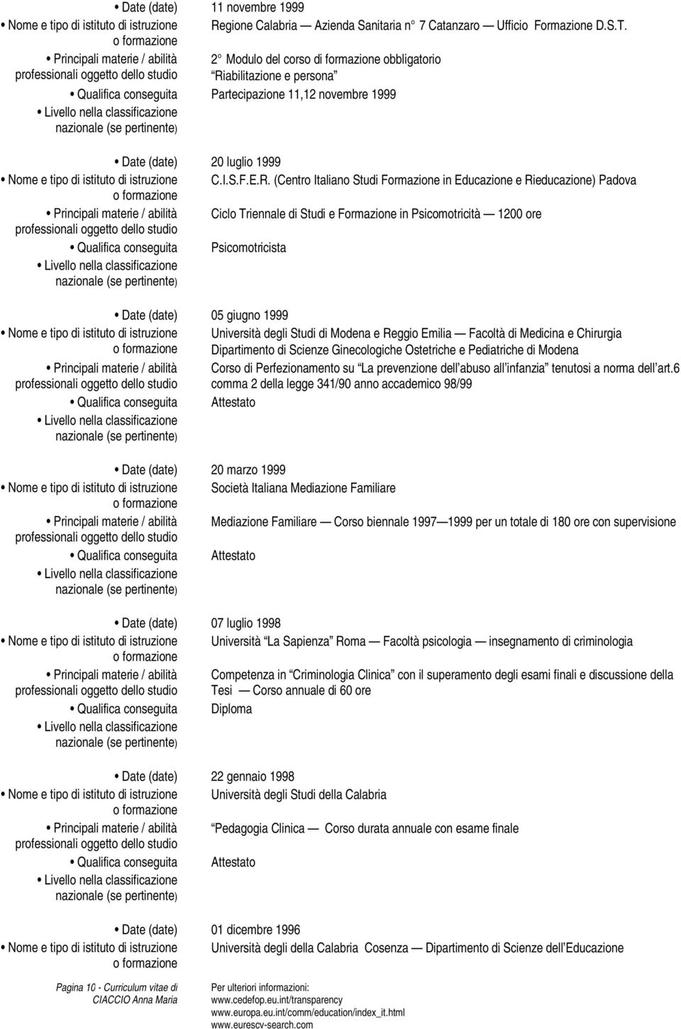 abilitazione e persona Partecipazione 11,12 novembre 1999 20 luglio 1999 C.I.S.F.E.R.