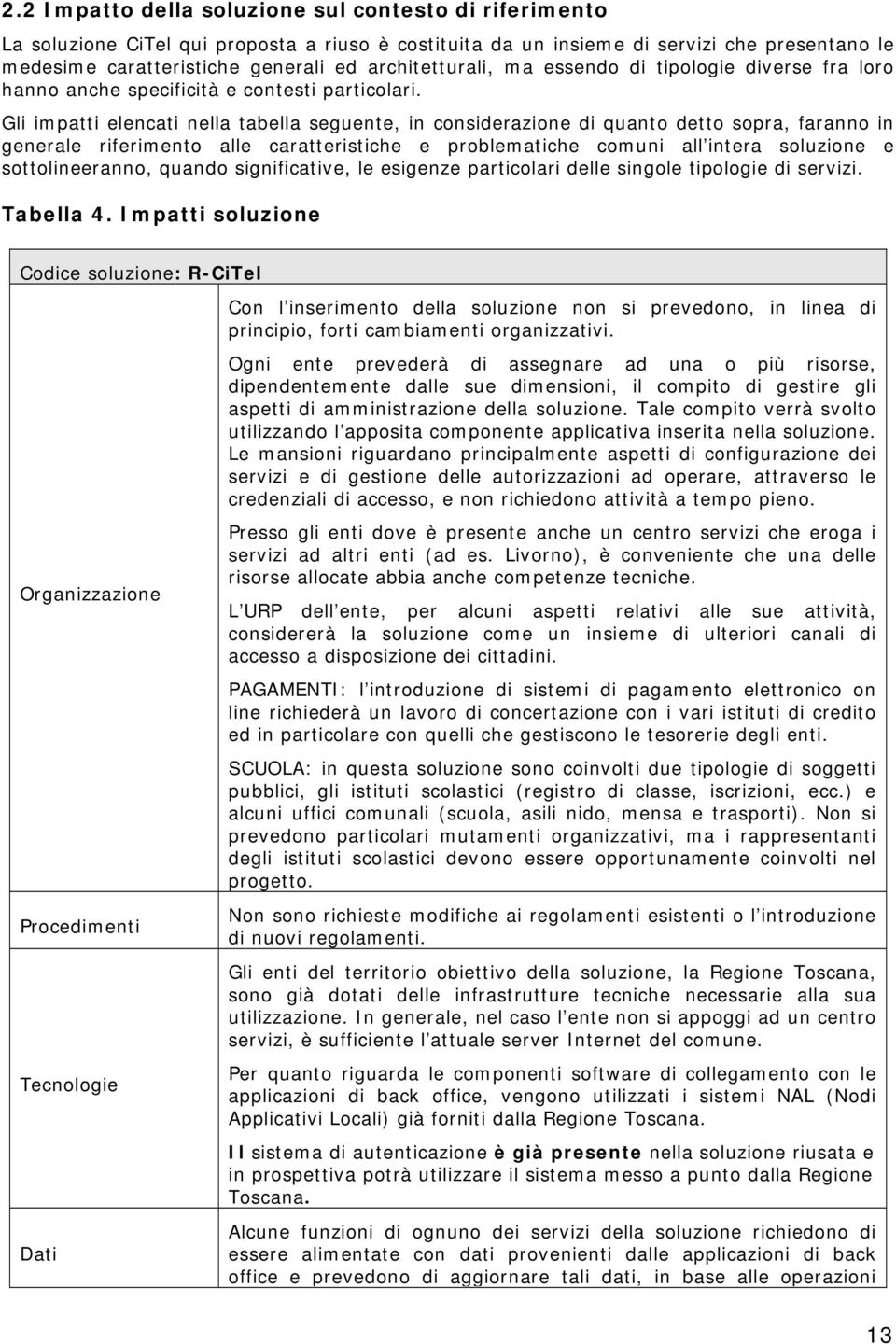 Gli impatti elencati nella tabella seguente, in considerazione di quanto detto sopra, faranno in generale riferimento alle caratteristiche e problematiche comuni all intera soluzione e