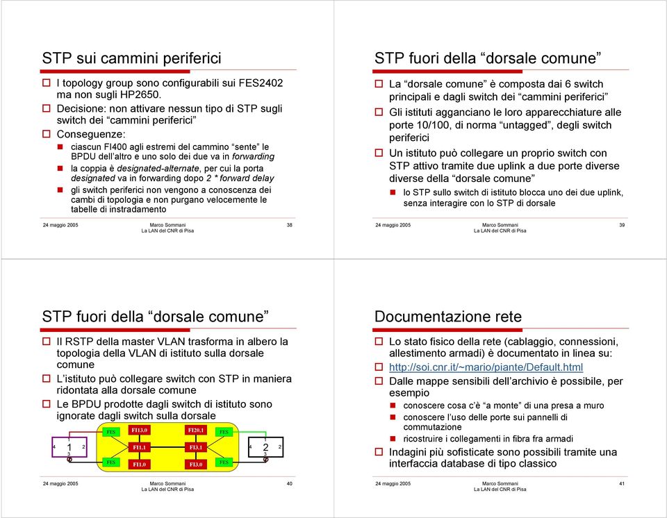 designated-alternate, per cui la porta designated va in forwarding dopo * forward delay gli switch periferici non vengono a conoscenza dei cambi di topologia e non purgano velocemente le tabelle di