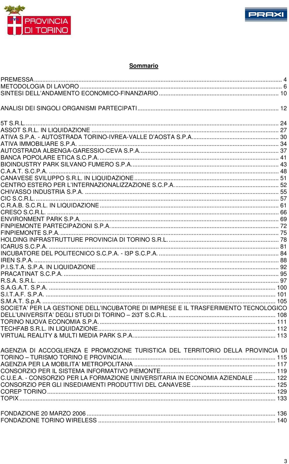 P.A... 43 C.A.A.T. S.C.P.A.... 48 CANAVESE SVILUPPO S.R.L. IN LIQUIDAZIONE... 51 CENTRO ESTERO PER L INTERNAZIONALIZZAZIONE S.C.P.A... 52 CHIVASSO INDUSTRIA S.P.A.... 55 CIC S.C.R.L.... 57 C.R.A.B. S.C.R.L. IN LIQUIDAZIONE... 61 CRESO S.