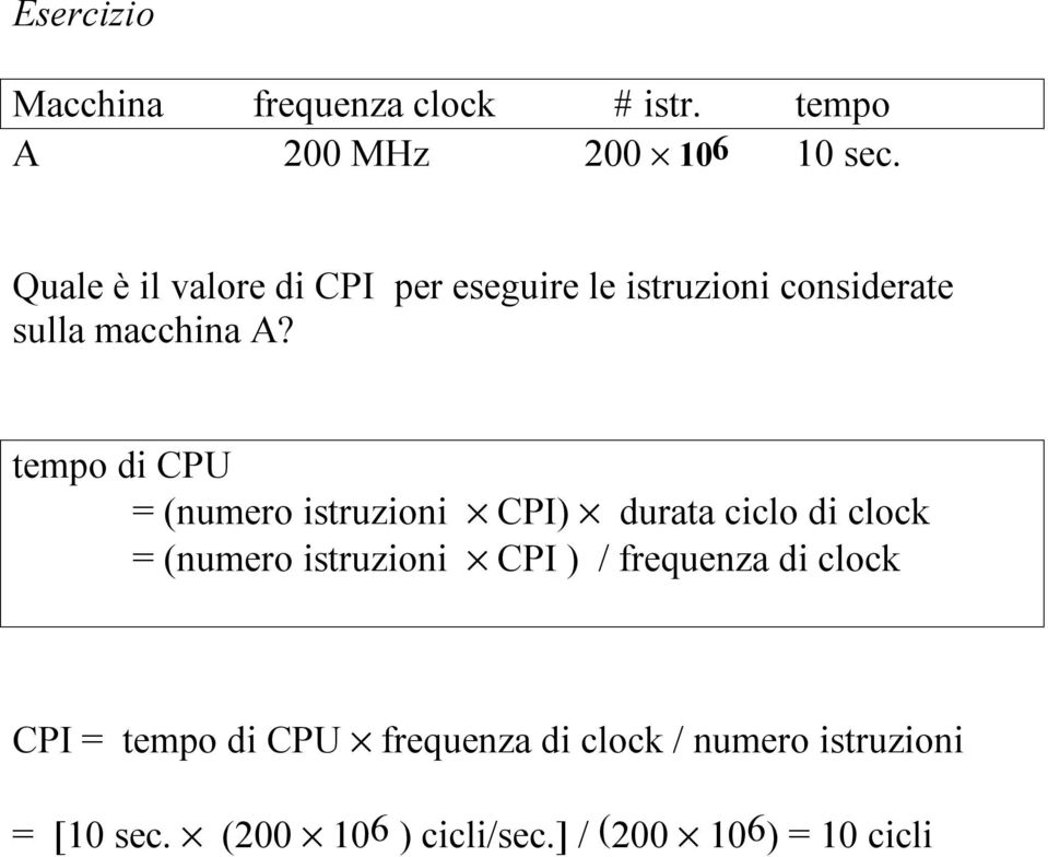 tempo di CPU = (numero istruzioni CPI) durata ciclo di clock = (numero istruzioni CPI ) /