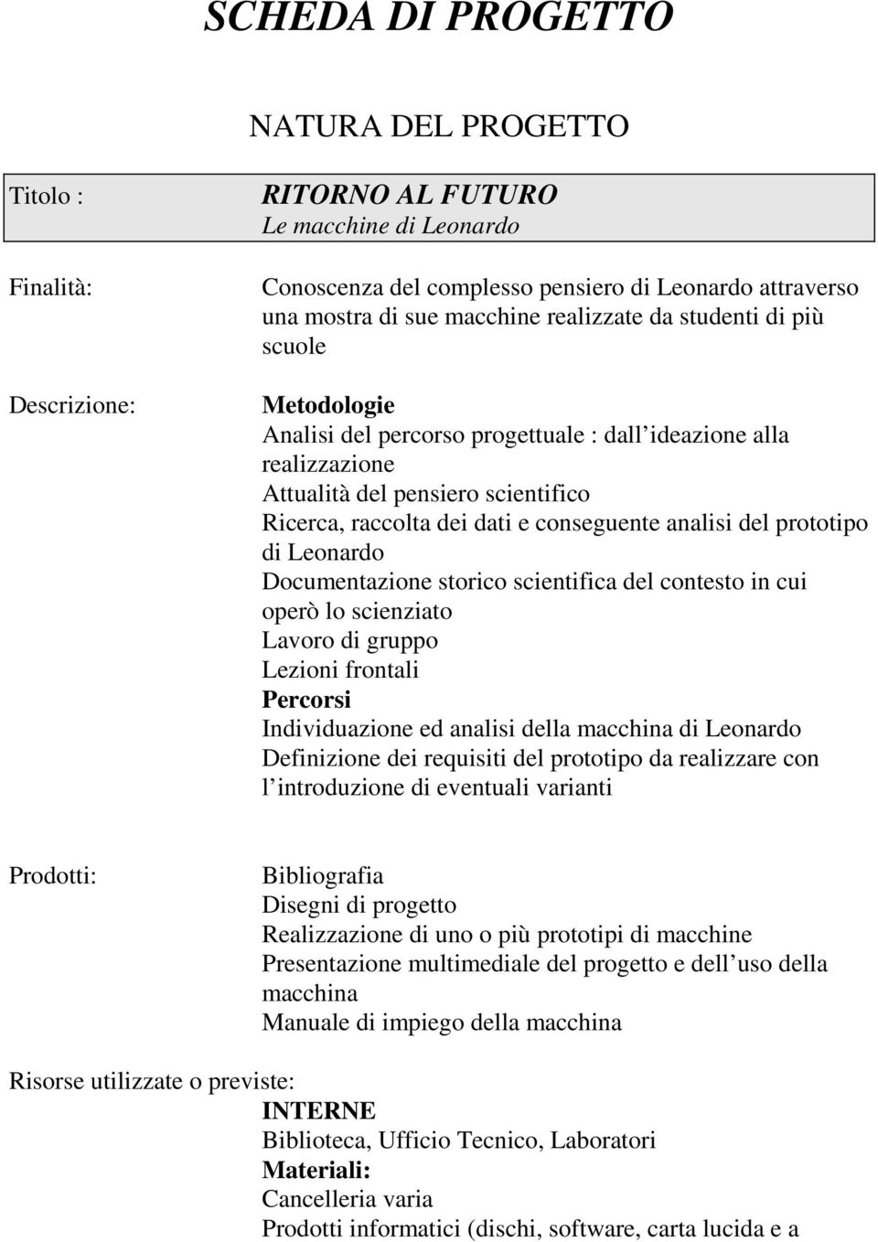 prototipo di Leonardo Documentazione storico scientifica del contesto in cui operò lo scienziato Lavoro di gruppo Lezioni frontali Percor Individuazione ed anali della macchina di Leonardo