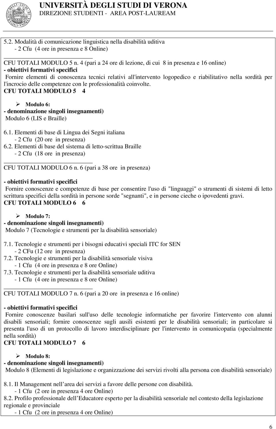 covolt. TOTALI MODULO 5 4 Modulo 6: - dnomazion sgoli sgnamnti) Modulo 6 (LIS Braill) 6.1. Elmnti di bas di Lgua di Sgni italiana - Cfu (0 or ) 6.