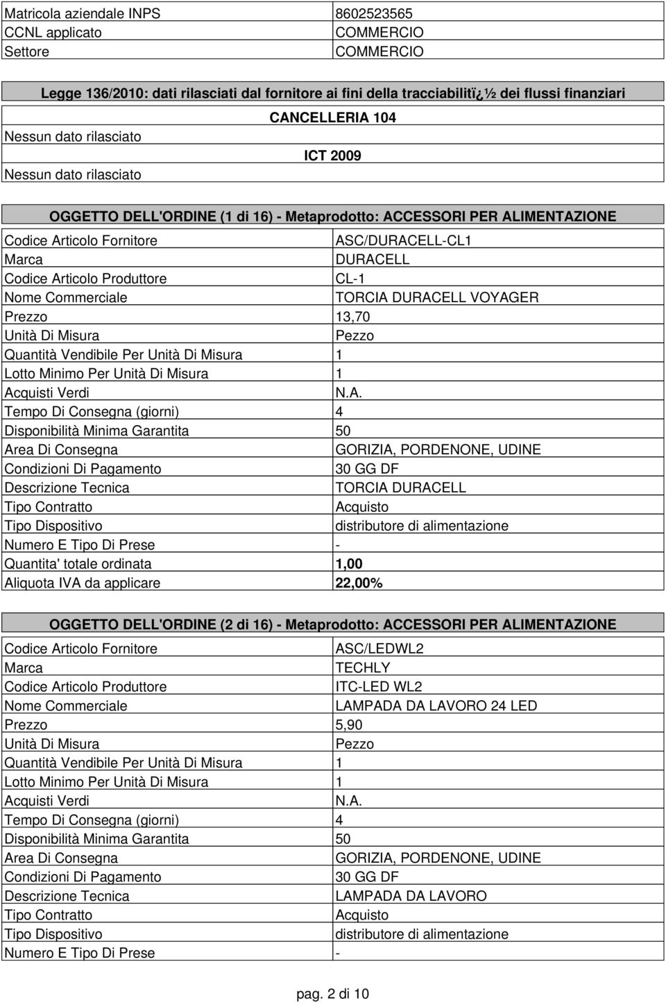 ALIMENTAZIONE ASC/DURACELL-CL1 DURACELL CL-1 TORCIA DURACELL VOYAGER Prezzo 13,70 Lotto Minimo Per 1 TORCIA DURACELL Quantita' totale ordinata 1,00 OGGETTO