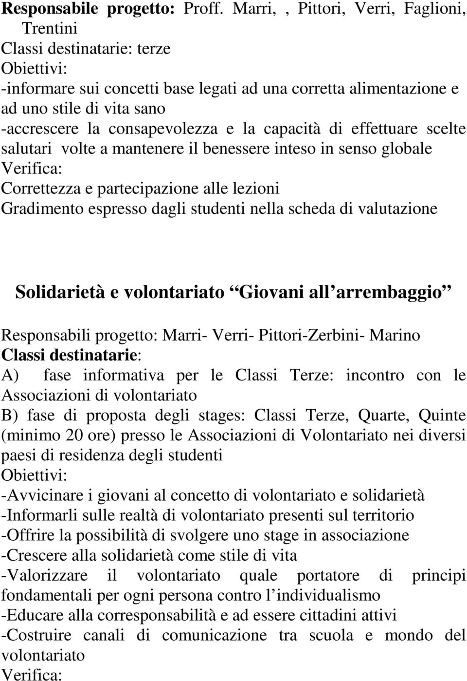 capacità di effettuare scelte salutari volte a mantenere il benessere inteso in senso globale Correttezza e partecipazione alle lezioni Gradimento espresso dagli studenti nella scheda di valutazione