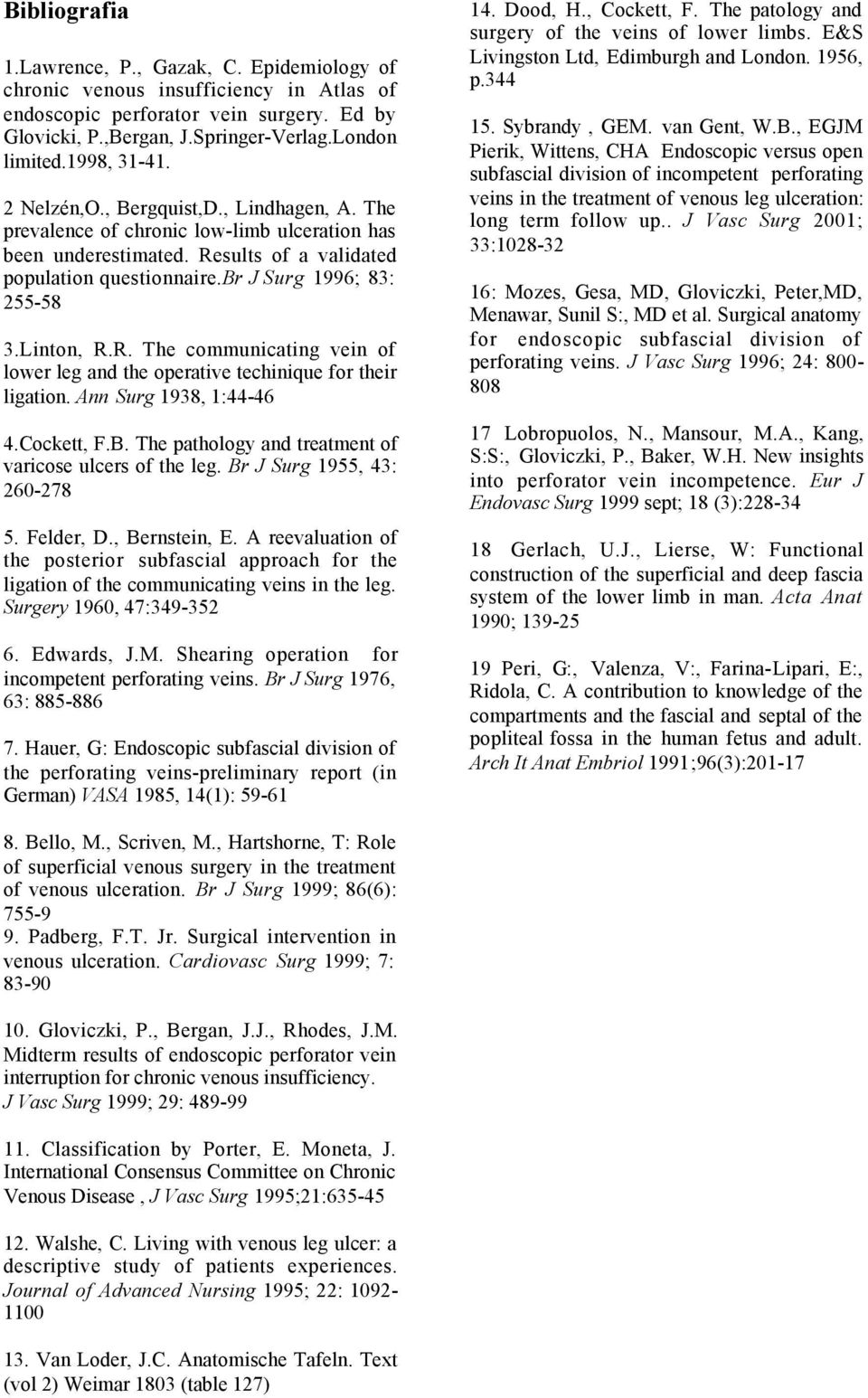 br J Surg 1996; 83: 255-58 3.Linton, R.R. The communicating vein of lower leg and the operative techinique for their ligation. Ann Surg 1938, 1:44-46 4.Cockett, F.B.