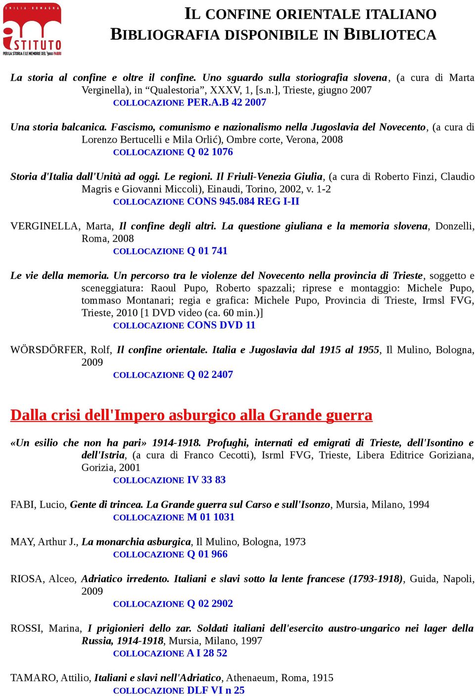 Fascismo, comunismo e nazionalismo nella Jugoslavia del Novecento, (a cura di Lorenzo Bertucelli e Mila Orlić), Ombre corte, Verona, 2008 COLLOCAZIONE Q 02 1076 Storia d'italia dall'unità ad oggi.