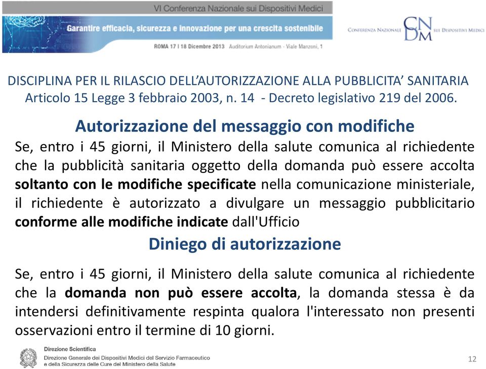 le modifiche specificate nella comunicazione ministeriale, il richiedente è autorizzato a divulgare un messaggio pubblicitario conforme alle modifiche indicate dall'ufficio Diniego di autorizzazione