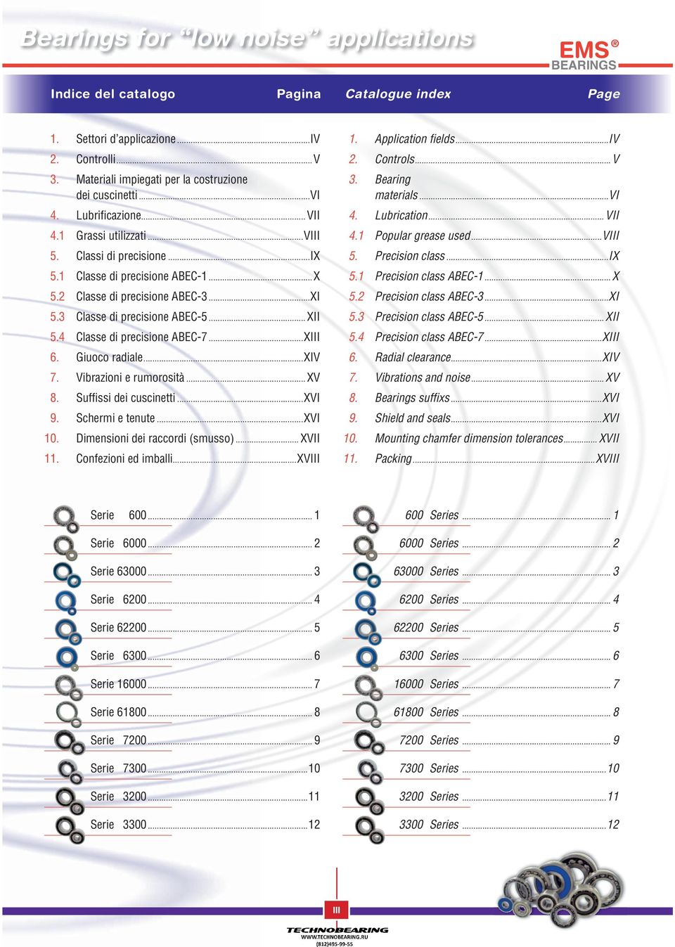 4 Classe i precisione AEC-7...XIII 6. Giuoco raiale...xiv 7. Vibrazioni e rumorosità... XV 8. Suffi ssi ei cuscinetti...xvi 9. Schermi e tenute...xvi 10. imensioni ei raccori (smusso)... XVII 11.