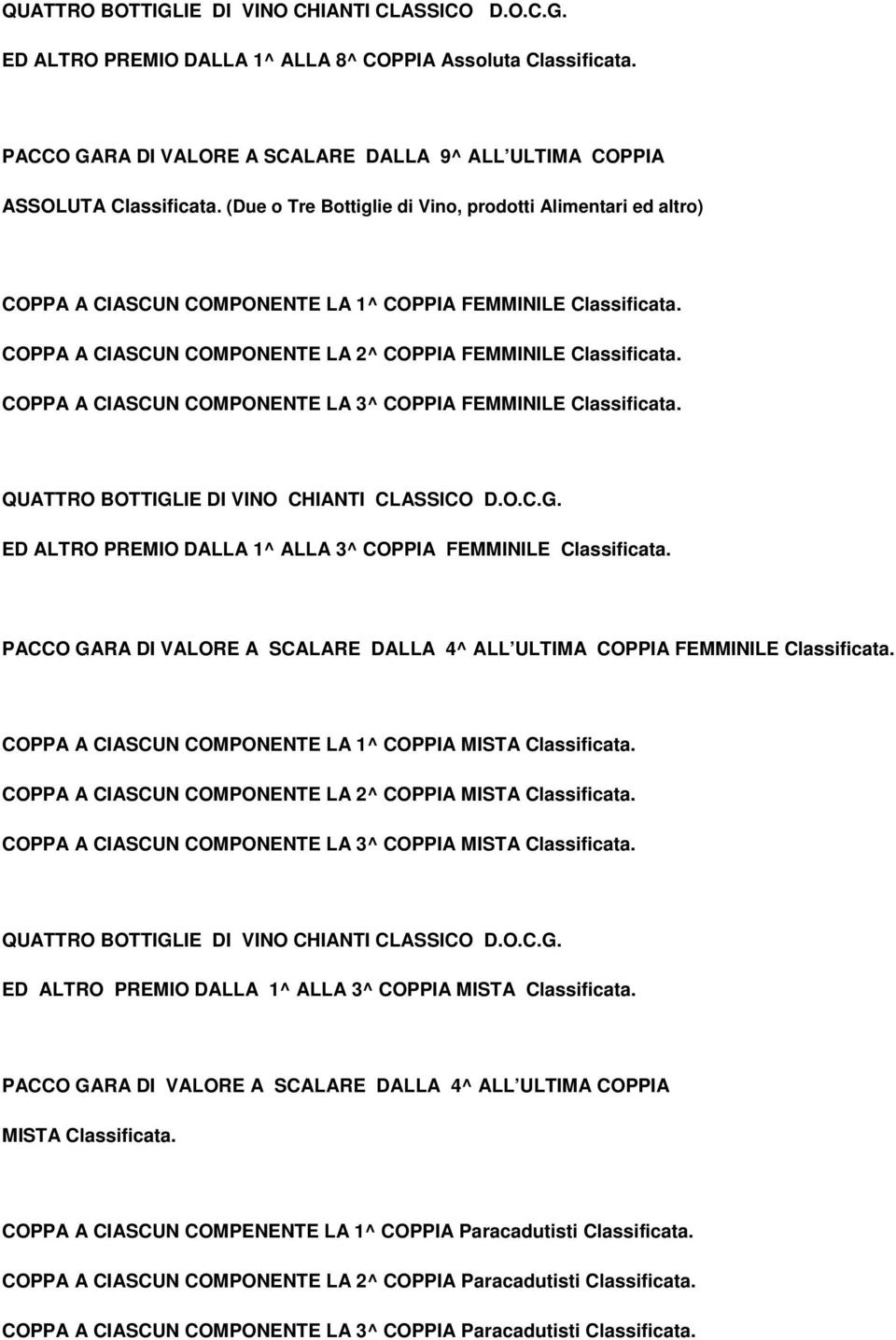 COPPA A CIASCUN COMPONENTE LA 3^ COPPIA FEMMINILE Classificata. QUATTRO BOTTIGLIE DI VINO CHIANTI CLASSICO D.O.C.G. ED ALTRO PREMIO DALLA 1^ ALLA 3^ COPPIA FEMMINILE Classificata.