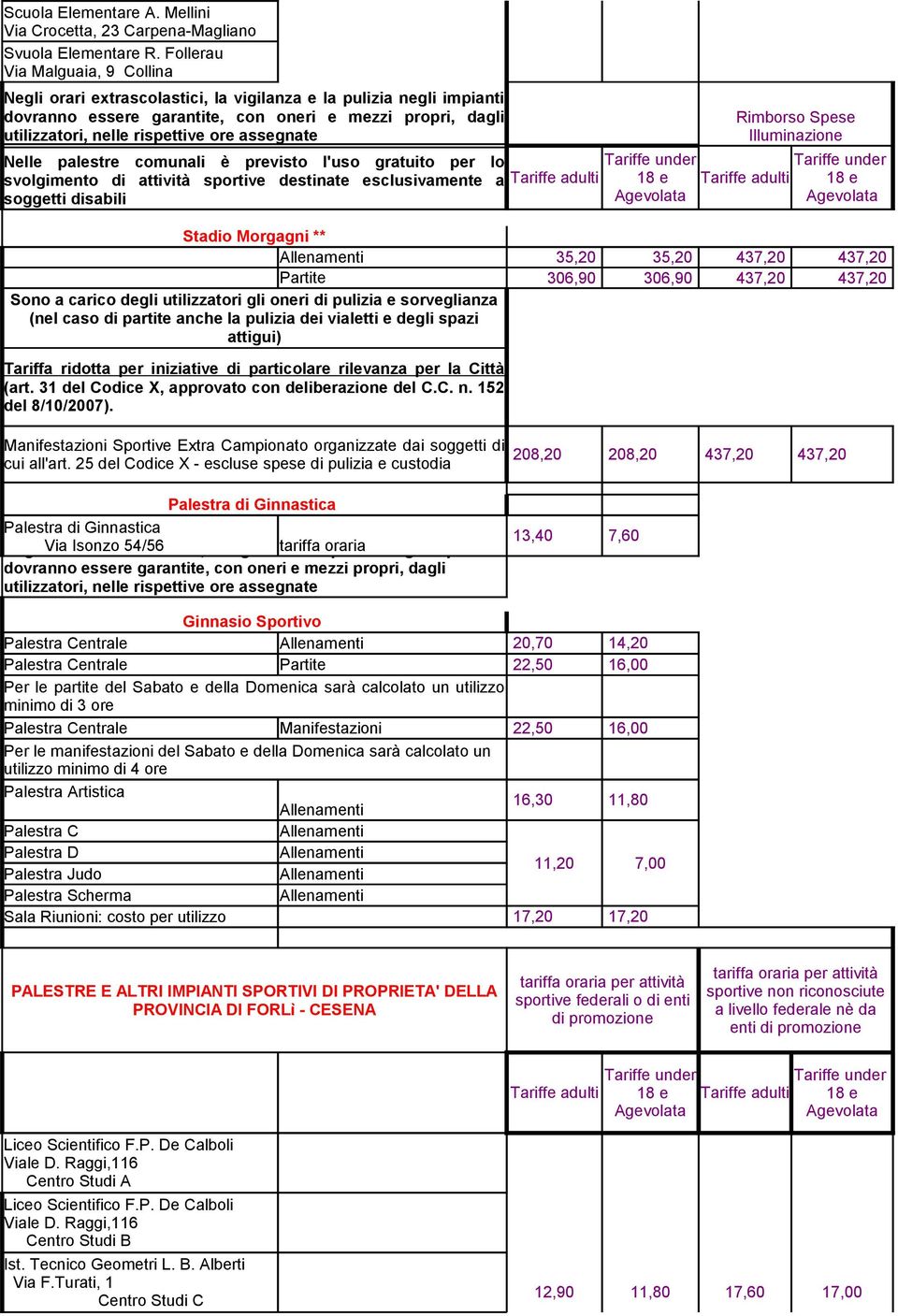 assegnate Nelle palestre comunali è previsto l'uso gratuito per lo svolgimento di attività sportive destinate esclusivamente a soggetti disabili Tariffe adulti Rimborso Spese Illuminazione Tariffe