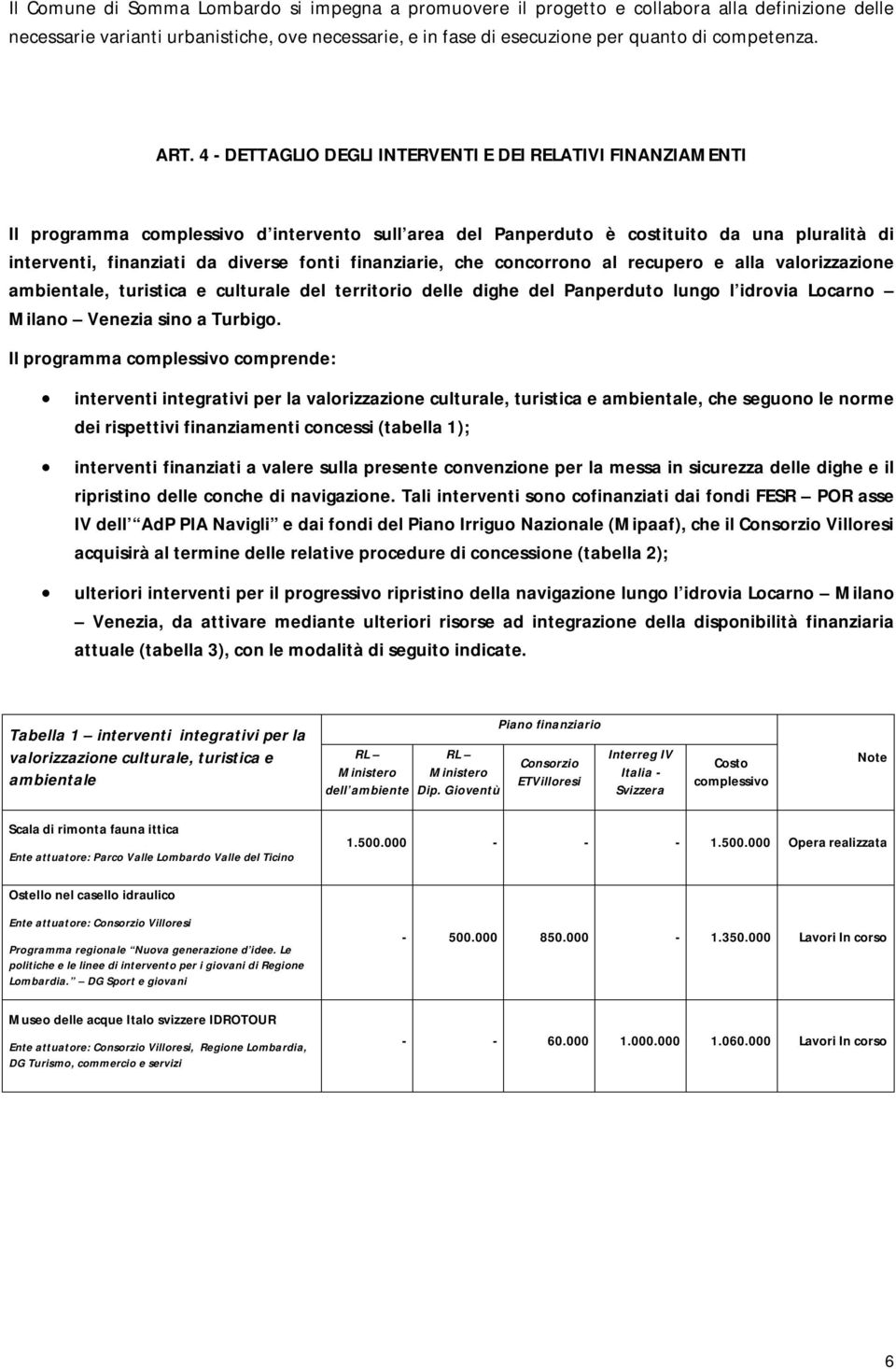 fonti finanziarie, che concorrono al recupero e alla valorizzazione ambientale, turistica e culturale del territorio delle dighe del Panperduto lungo l idrovia Locarno Milano Venezia sino a Turbigo.