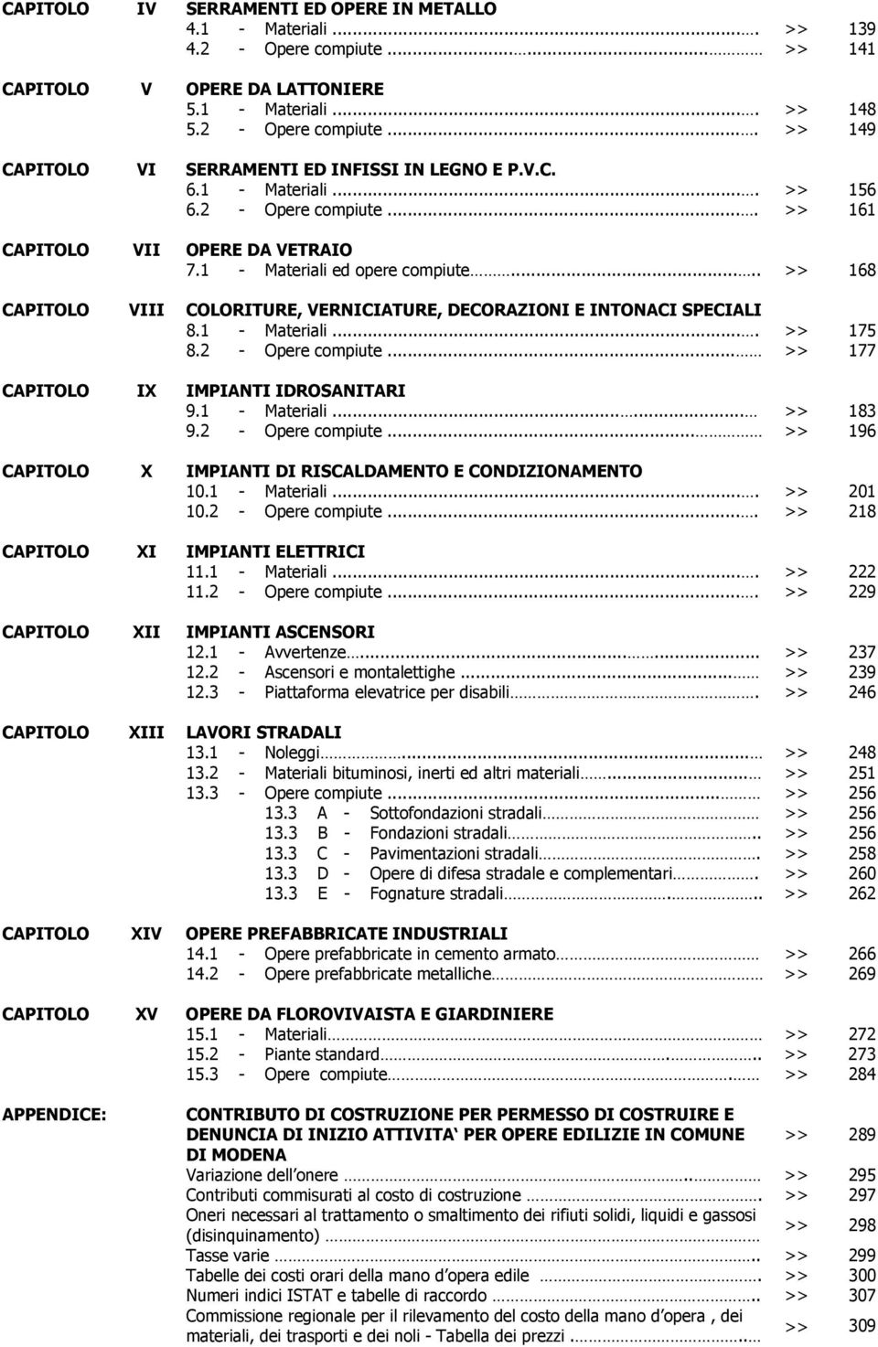 .... >> 168 CAPITOLO VIII COLORITURE, VERNICIATURE, DECORAZIONI E INTONACI SPECIALI 8.1 - Materiali.... >> 175 8.2 - Opere compiute... >> 177 CAPITOLO IX IMPIANTI IDROSANITARI 9.1 - Materiali...... >> 183 9.